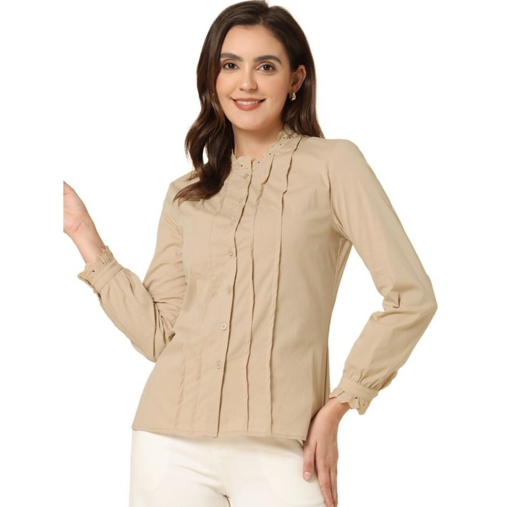 Mock Neck Lace Button Up Ruffled Long Sleeve Shirt Blouse Khaki